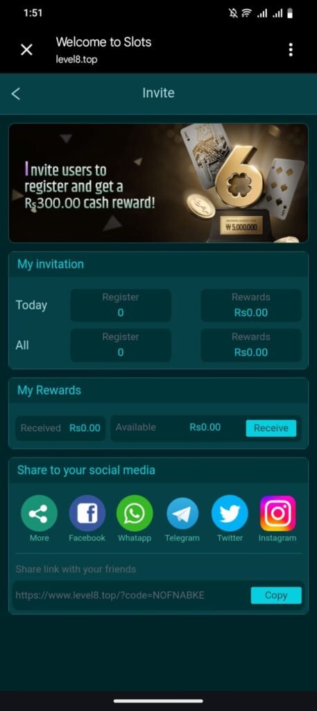 Invite and Earn in Rich Game 888